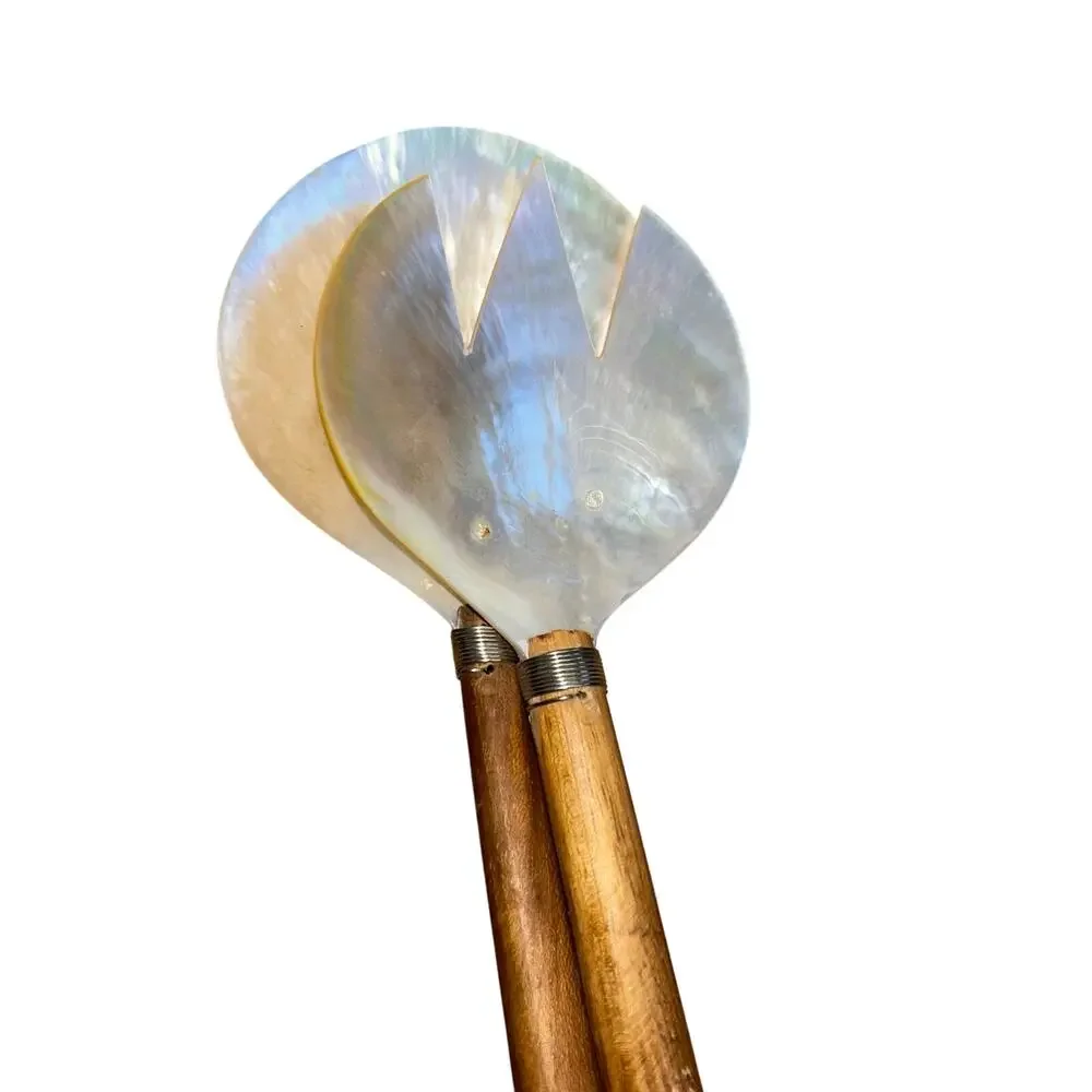 Salad Server Fork Spoon Tongs Natural Iridescent Capiz Mother of Pearl Seashell